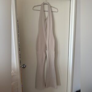 Zara Halter-Neck Flared Jumpsuit in Light Beige